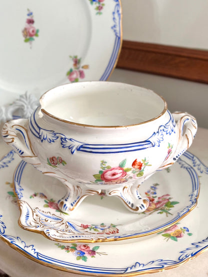 Live 09/20 Beautiful Antique French Old Paris Porcelain Five-Piece Sauce Tureen & Plate Set, c.1830–1850