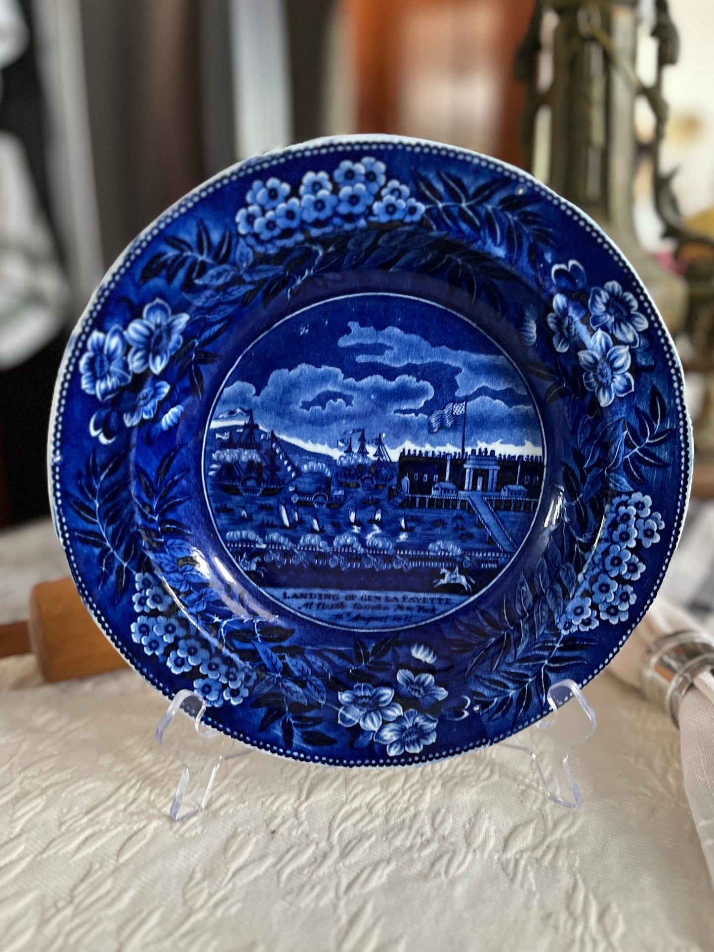 RESERVED - CGHOLL - Live 08/04 Early 1800’s Dark Historical Blue Plate - General Lafayette’s Landing - Clews Impressed Warranted Stamp - Mint Condition - Estate Collection