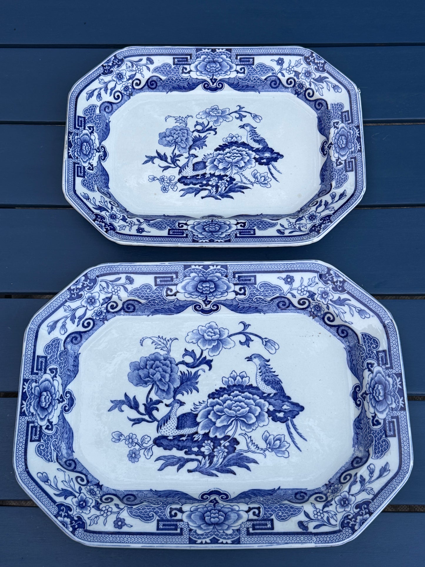 Antique Pair (2) Mason's Ironstone "India Pheasant" Blue & White Platters | Pair | Large & Small | c.1820 | Styles DA4493 & DA4494