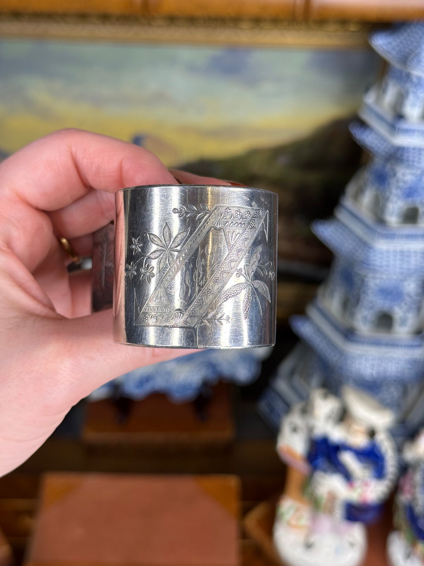 Victorian Meriden Britannia Aesthetic-Style Silverplate Napkin Ring — Engraved, c. 1880