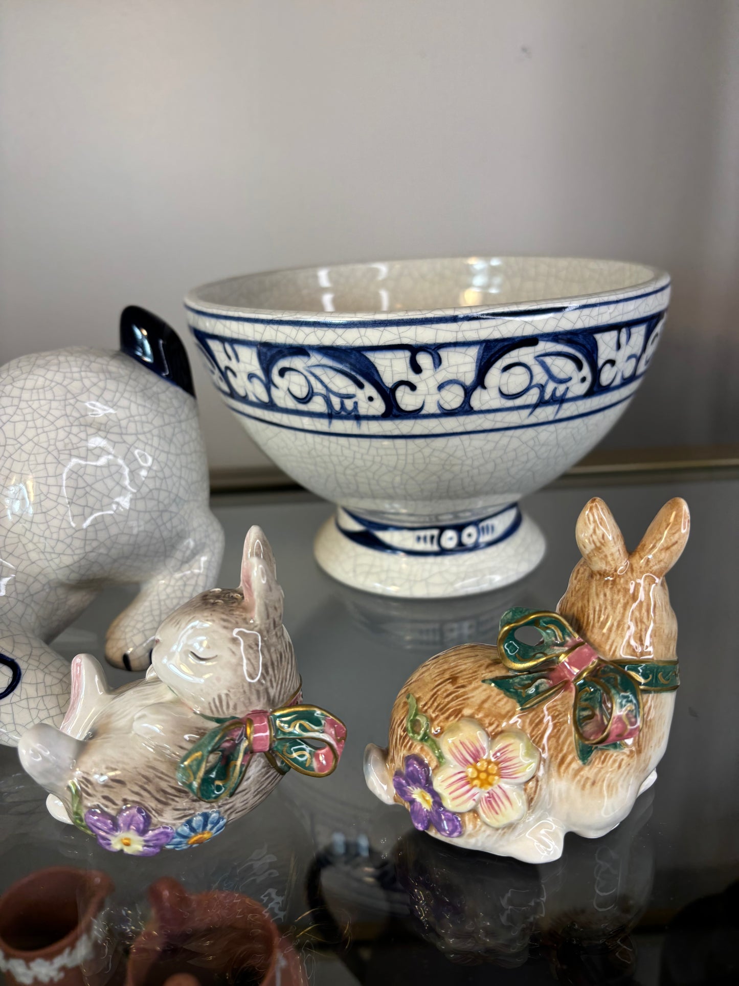 Sweetest Fitz and Floyd bunnies with bows and florals salt and pepper pair!