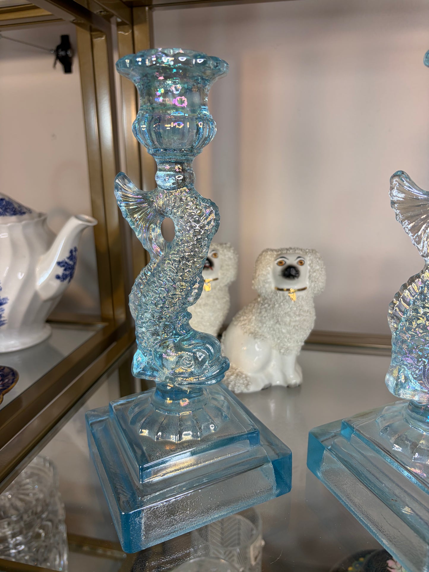 Stunning koi blue iridescent candleholders pair!