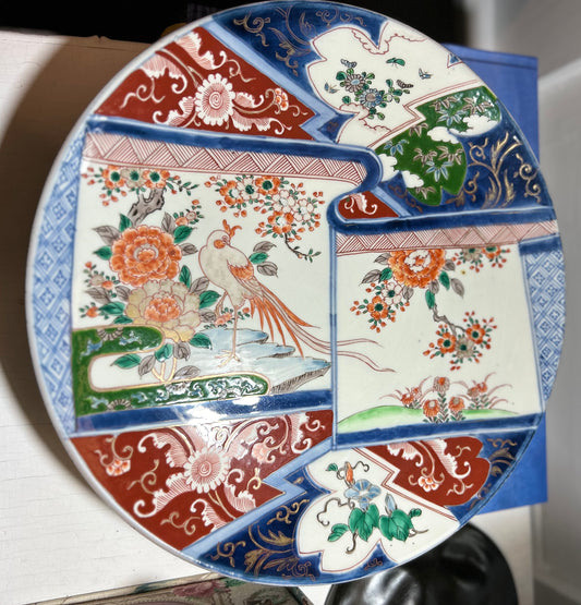 Very Large Imari Plate with Birds and Flower Hand painted designs 14 1/2”