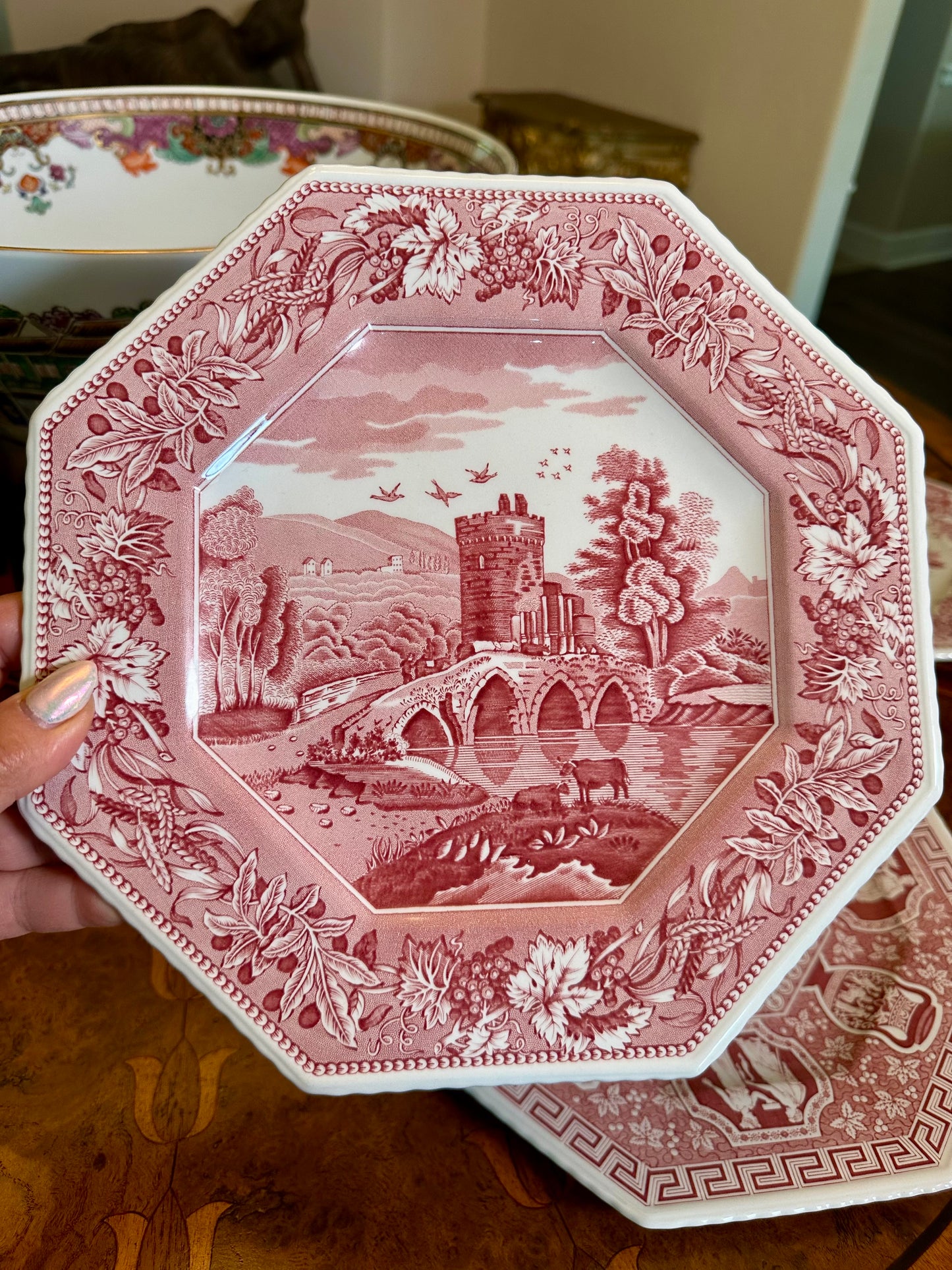 Spode Archive Sutherland Collection Red Transferware Octagonal Plates – Choice of 4 Scenic Designs, Sold Separately
