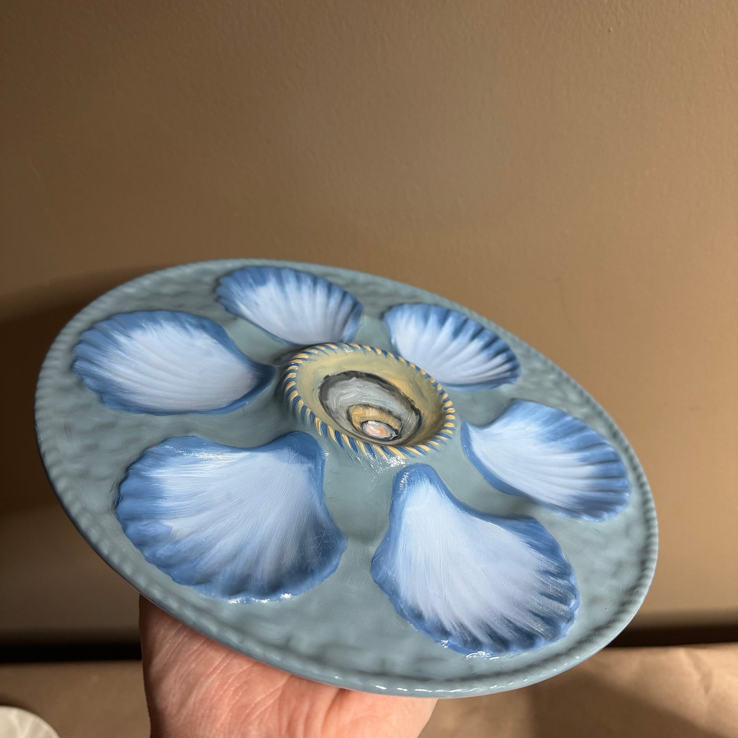 Hand painted blue tones oyster plate 9”