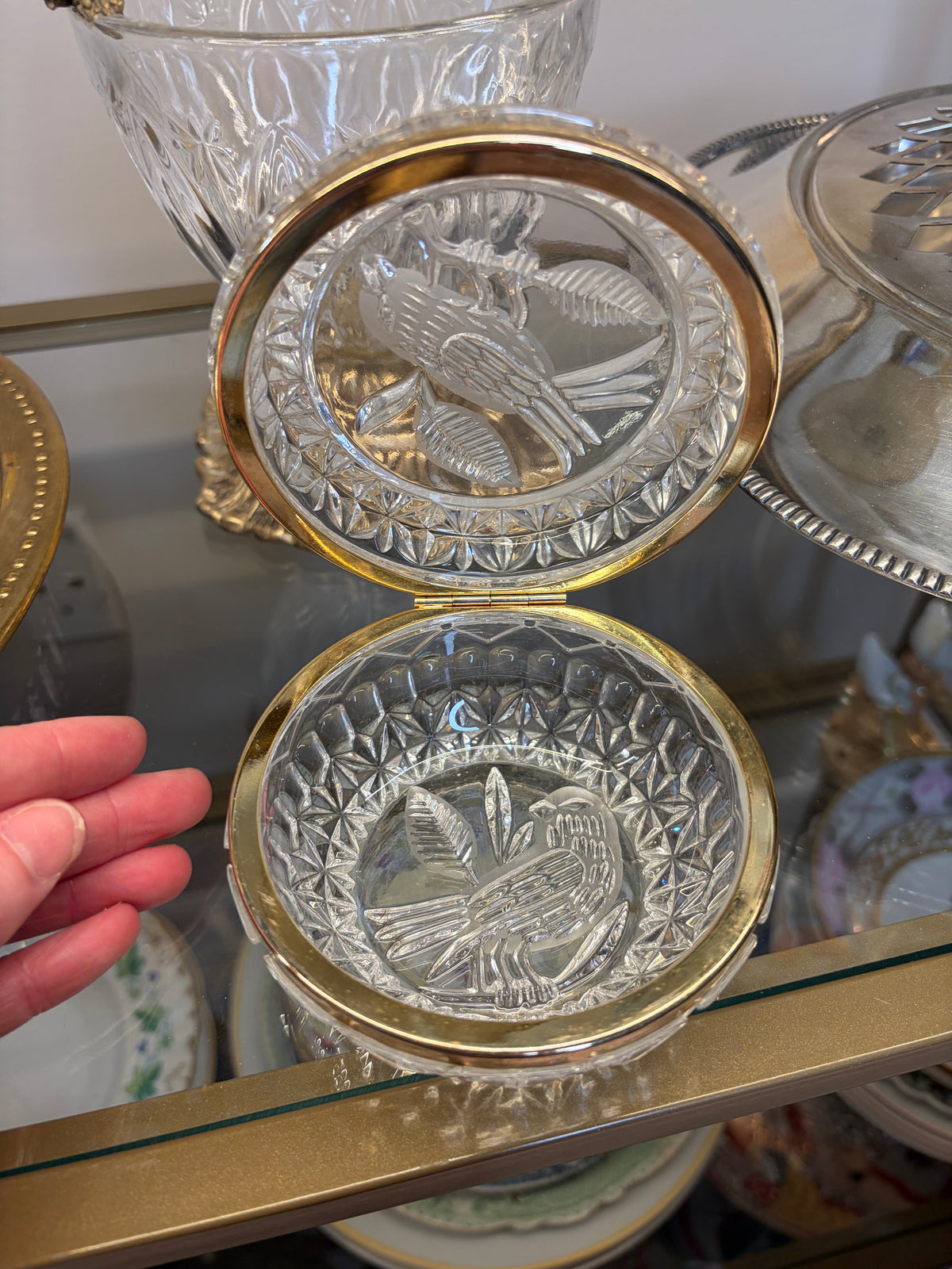 Lovely cut lead crystal bird trinket box with brass!