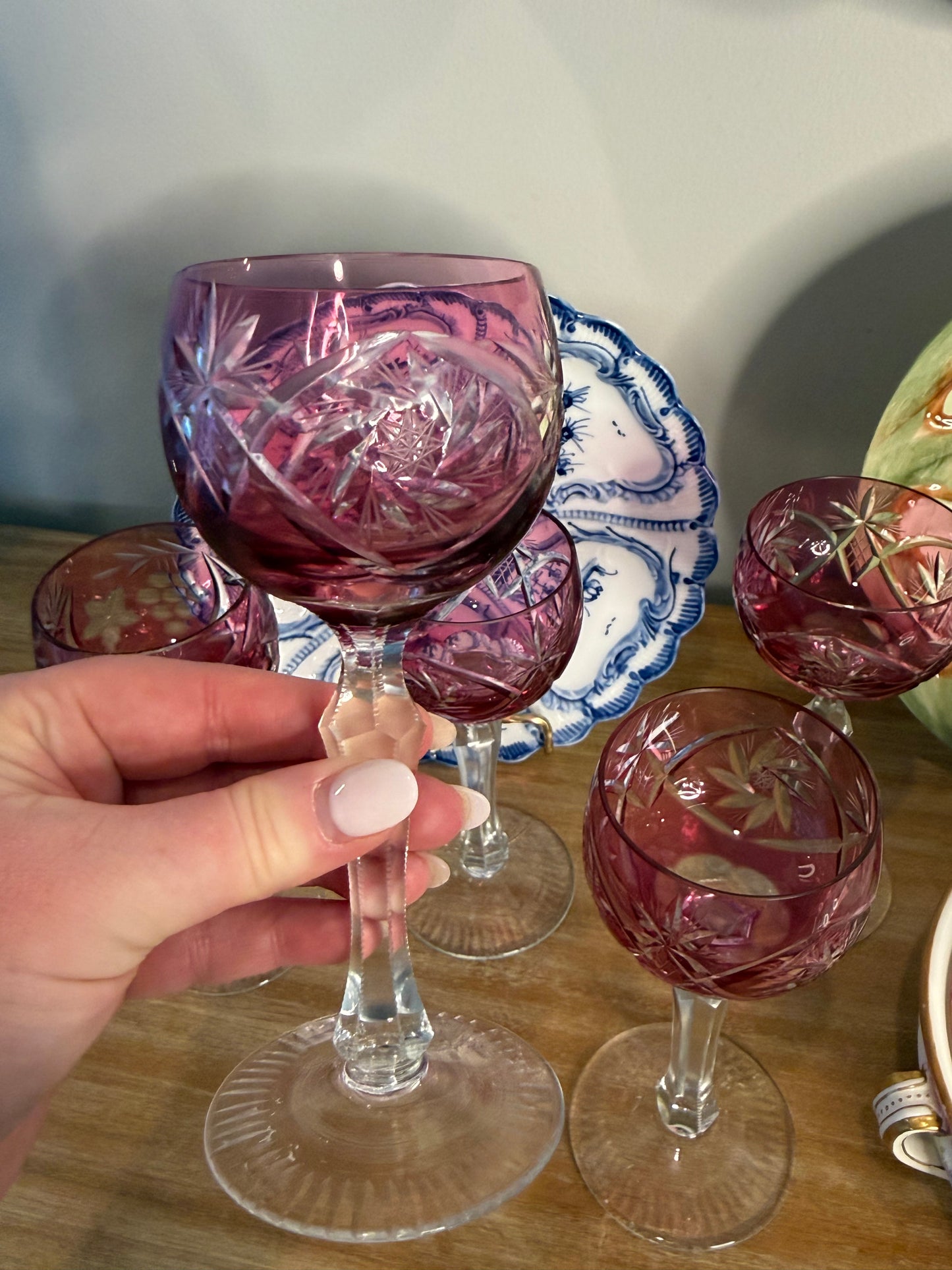 Vintage Pink Cut to Clear Set of 5 6.5” Glasses by Bayel