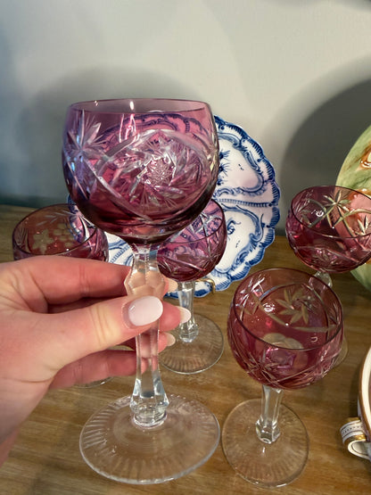 Vintage Pink Cut to Clear Set of 5 6.5” Glasses by Bayel