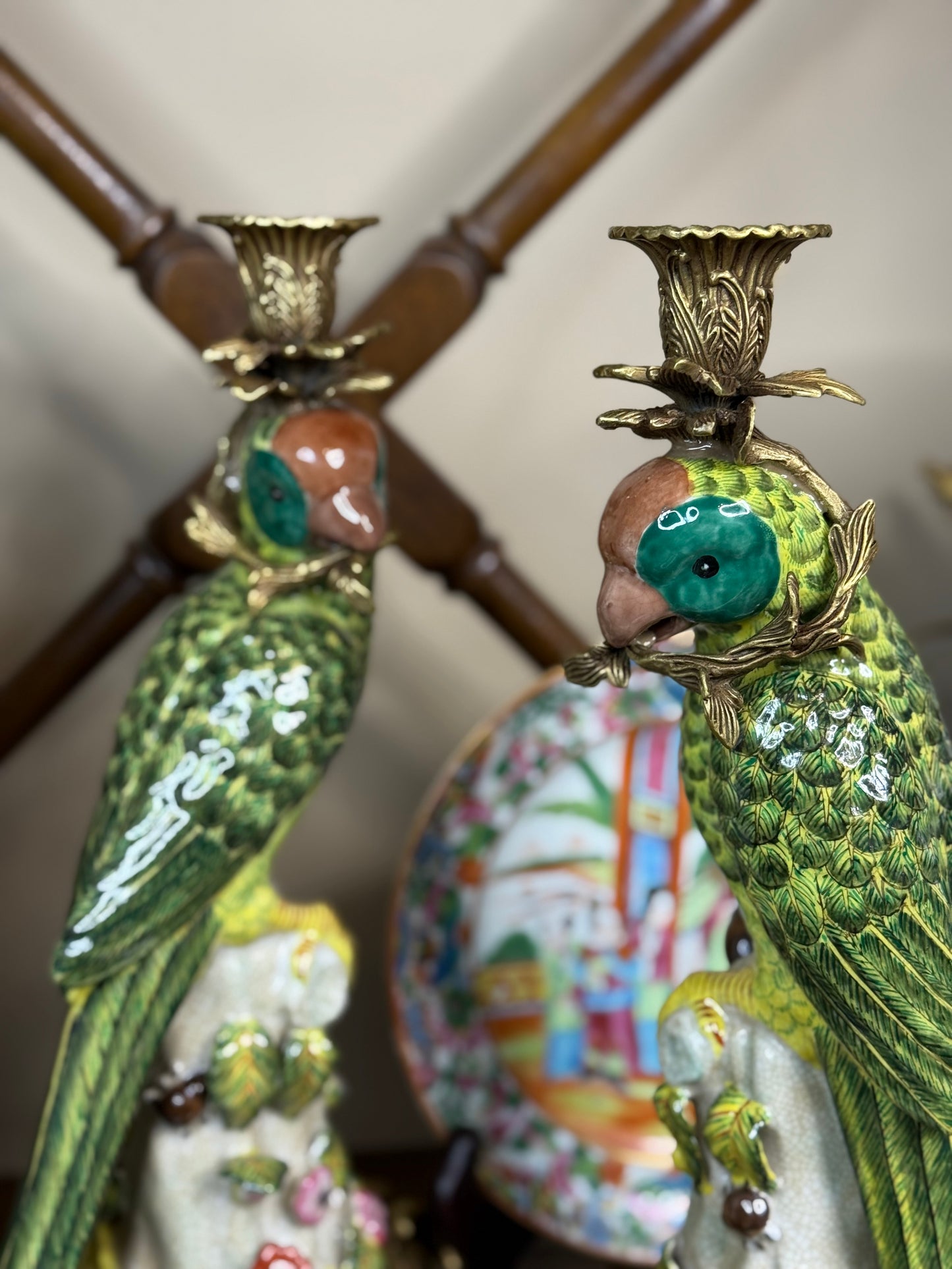 Danny's Fine Porcelain - 14.5” Tall Porcelain Parrot Candlestick Pair with Ormolu Mounts, Chinoiserie Rococo Style
