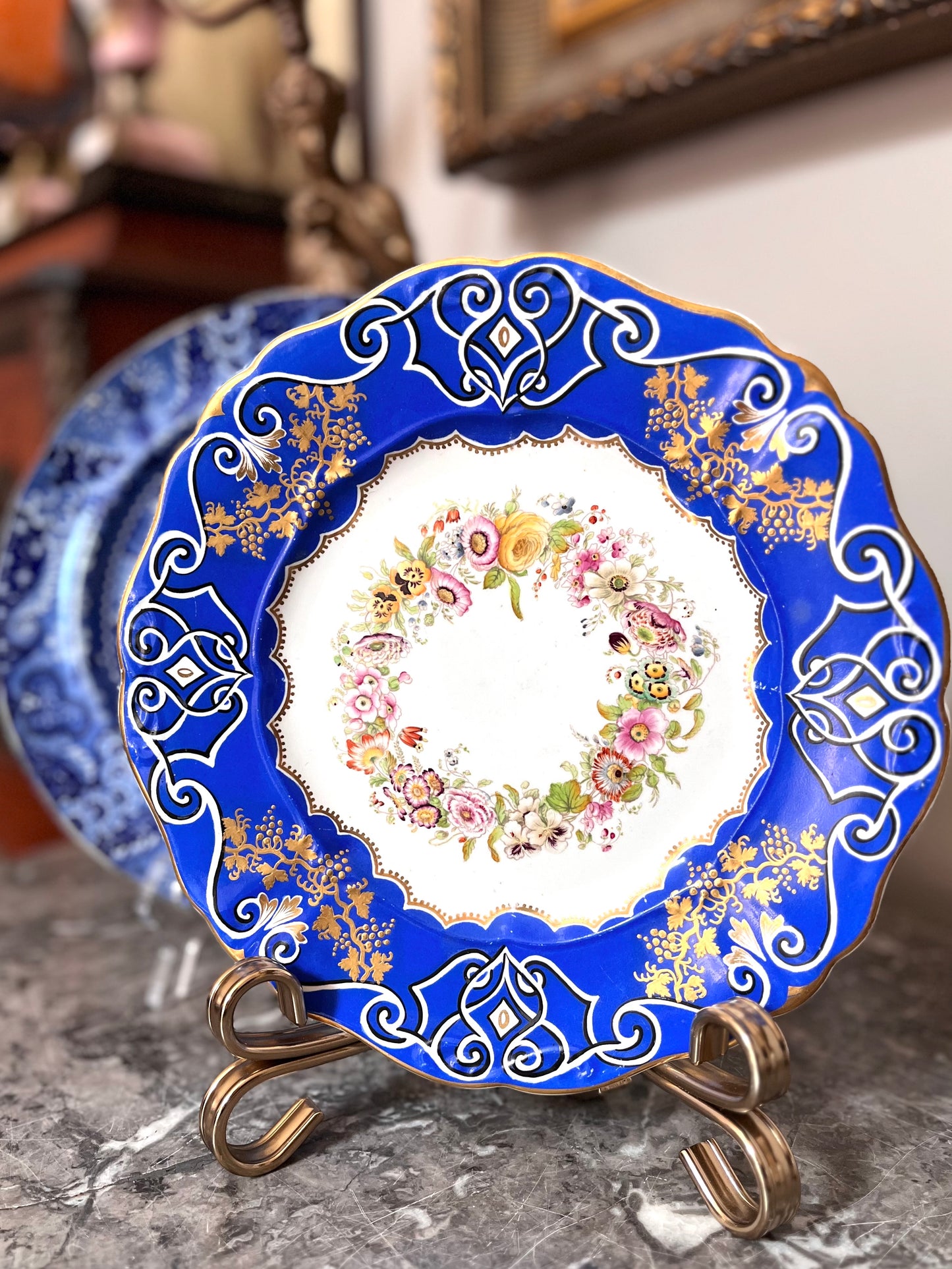 Absolutely Gorgeous Antique English Floral Cobalt Hand Painted Plate