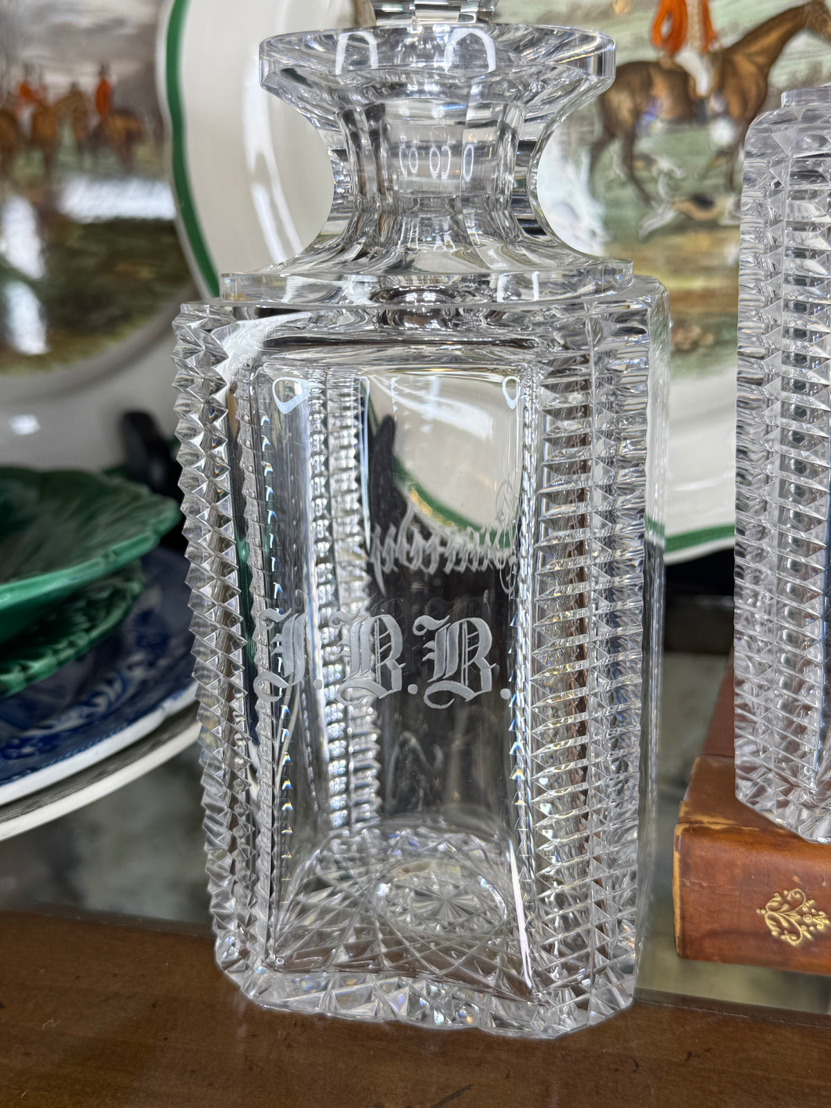 Antique T.G. Hawkes Cut Crystal Brandy & Whiskey Decanters, Pair with JBB Monogram & Faceted Stoppers, c.1900–1920, 8.5” H x 3” W | Pair