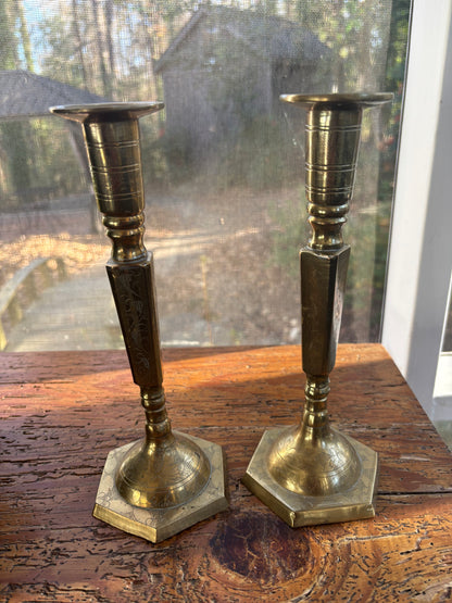 Beautiful pair of etched floral and leaves brass candlesticks!