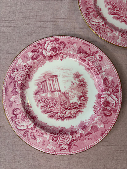 Gorgeous Wedgwood pink transferware plates with gold rims pair!
