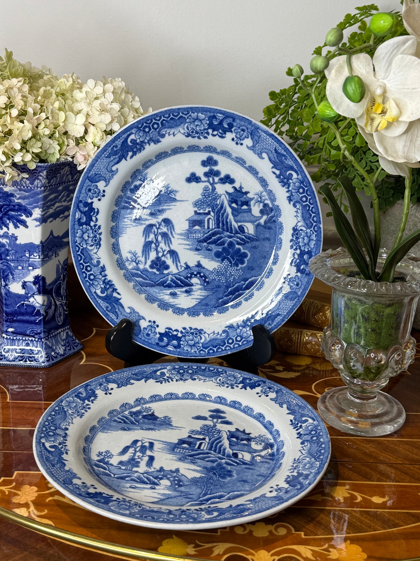 Antique John Maddock & Sons English Blue & White Transferware Wash Pitcher | Chinoiserie Ewer | 14”