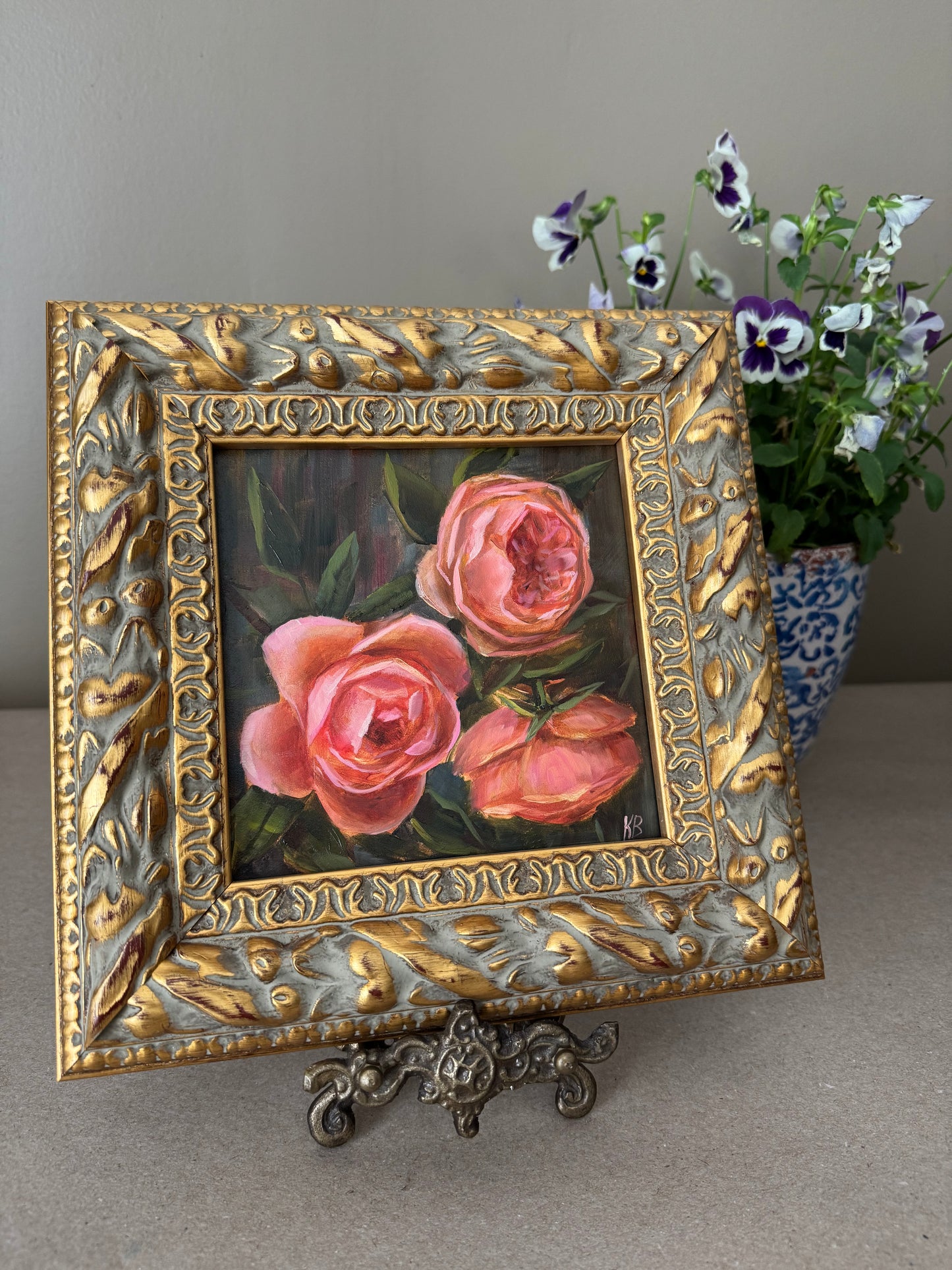 Original artwork “roses in the garden” 9 1/2 x 9 1/2” vintage style frame