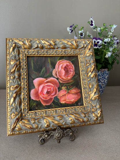 Original artwork “roses in the garden” 9 1/2 x 9 1/2” vintage style frame