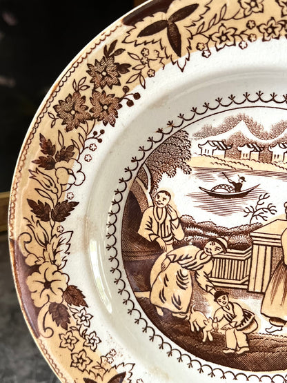 Reserved Live 7/7 Rare Antique Brown Transferware Plate | 19th Century English Chinoiserie “Mongol Huntsman” Falconer Pattern | Staffordshire Earthenware