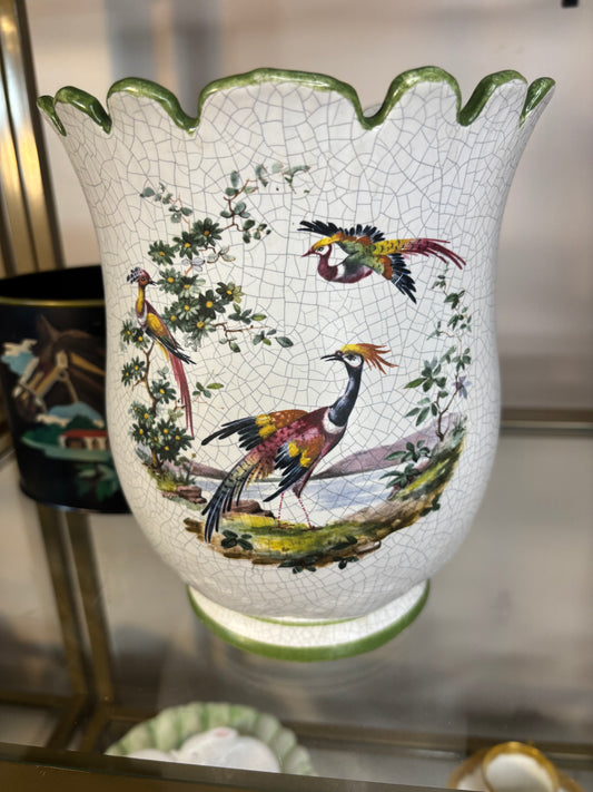 Vintage Meiselman Imports jardiniere vase planter featuring a handpainted floral and bird motif!