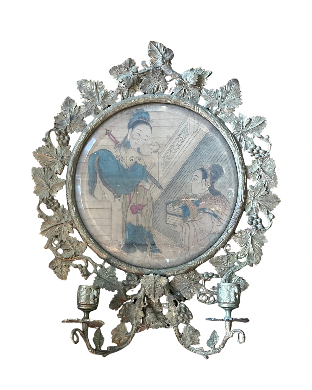 RESERVED - TAMMYWALMSLEY6144 - Live 06/15 Pair of 19th-Century Chinese Figural Candle Sconces — Cast Bronze Grapevine Frames Hand Painted Scene