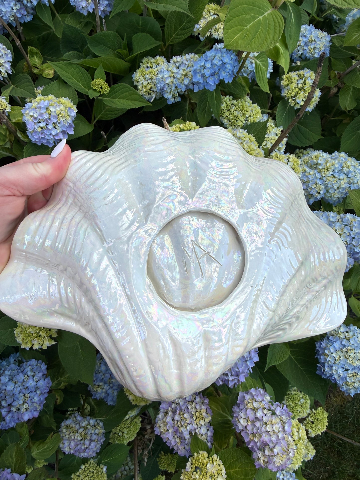 Vintage Hand-made Signed Iridescent Pottery Shell