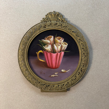 White roses in pink cup in royal frame original oil painting