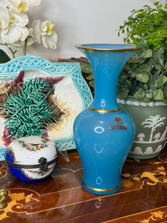 Vintage Murano Cenedese Turquoise Blue Opaline Glass Vase with Gold Trim | 10” Tall