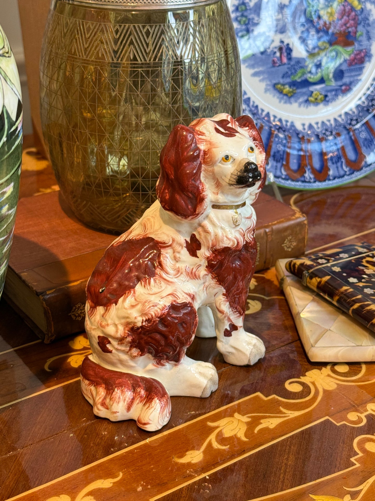 Antique Staffordshire Spaniel Figure c.1880–1900 Red & White Pottery Dog 5.5” Tall