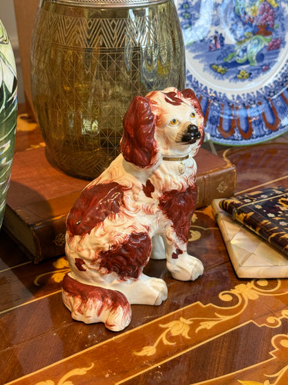 Antique Staffordshire Spaniel Figure c.1880–1900 Red & White Pottery Dog 5.5” Tall