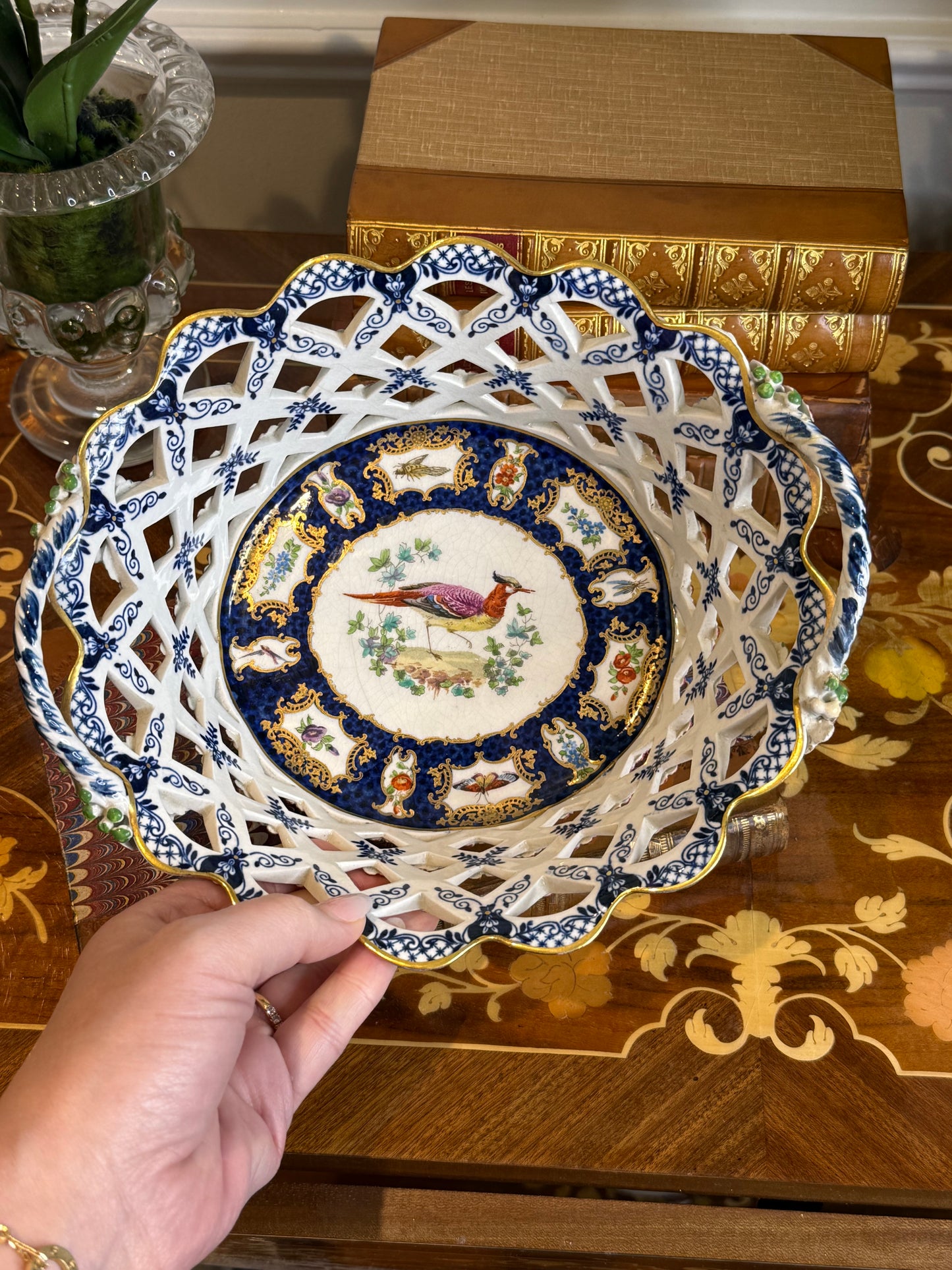 Rare Antique Booths Silicon China “Scale Blue” Exotic Birds Pierced Fruit Basket | 9” x 8”