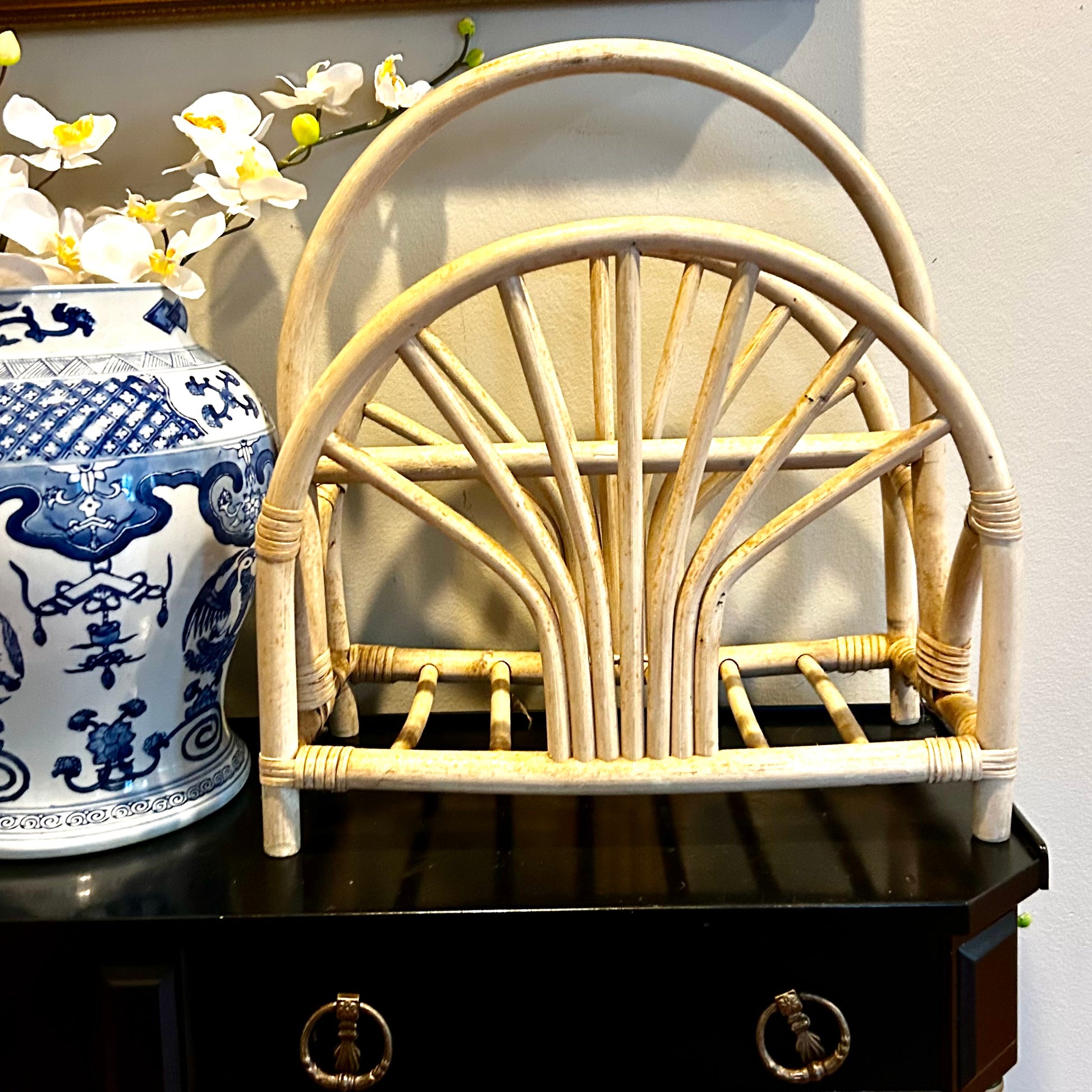 Vintage Rattan Boho chic wicker Wood magazine rack. – Lillian Grey