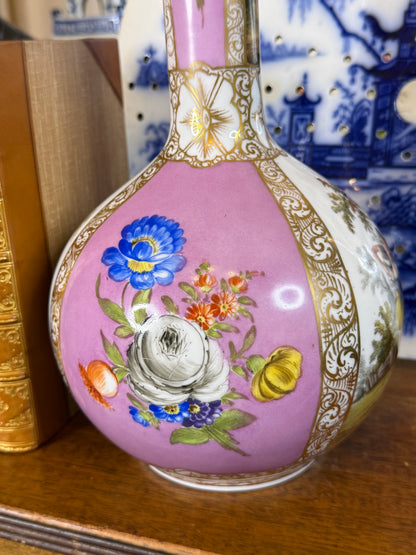 Antique Dresden Hand-Painted Cabinet Vase | Pink Ground & Gilt Porcelain | Romantic Scene | 9” Tall
