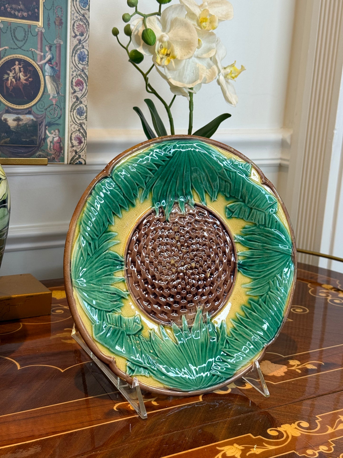 Antique French Majolica Sunflower Basketweave Plate 9.25” c.1880–1900