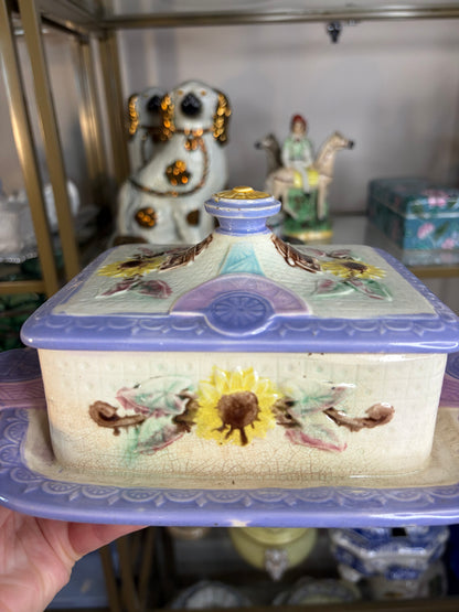 Antique Majolica Samuel Lear sunflower covered dish! As is!
