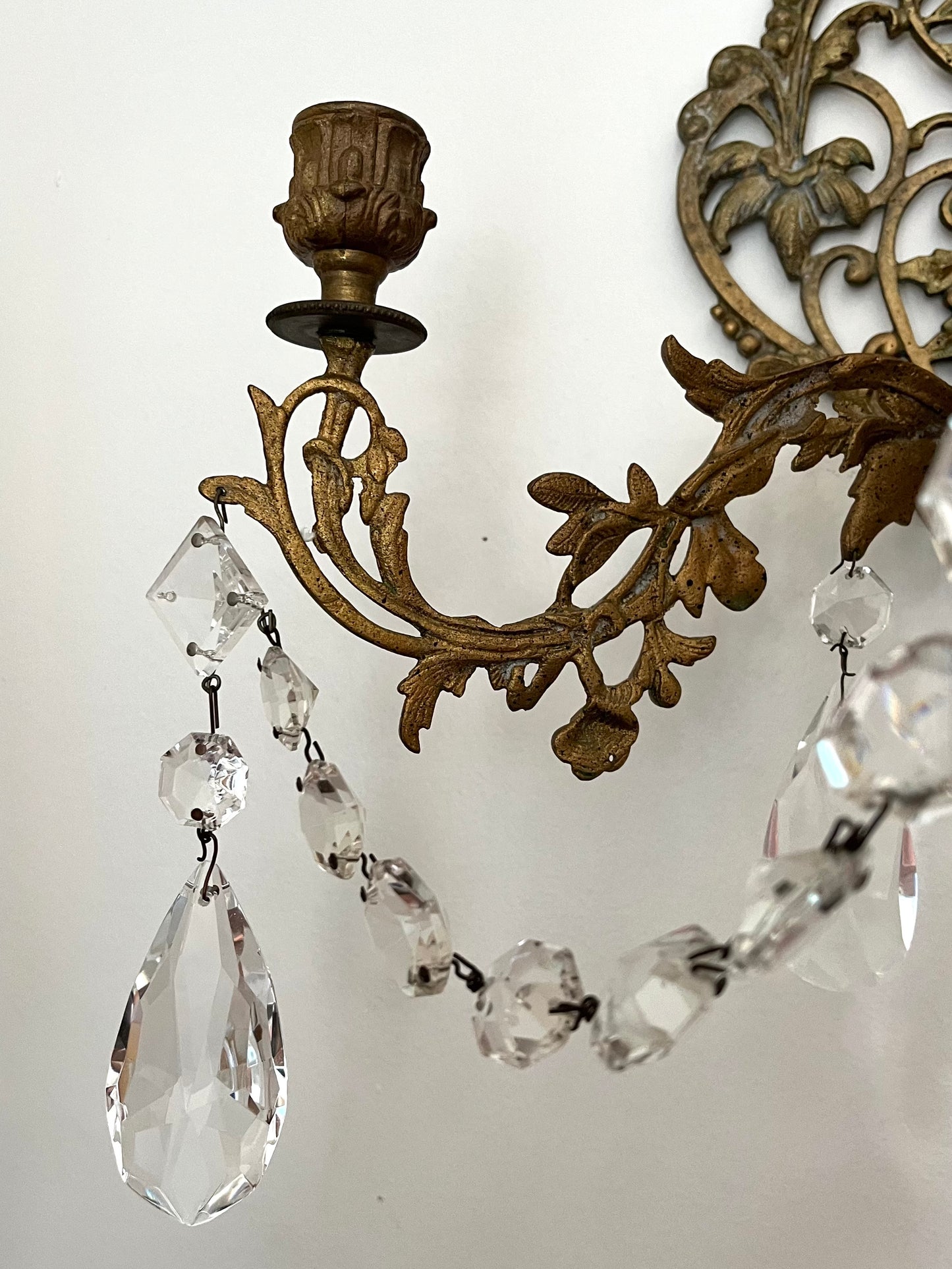 RESERVED -  laina.pkp - Live 09/08 Stunning Pair of Antique French Bronze Crystal Two-Arm Wall Sconces | Ornate Louis XV Style
