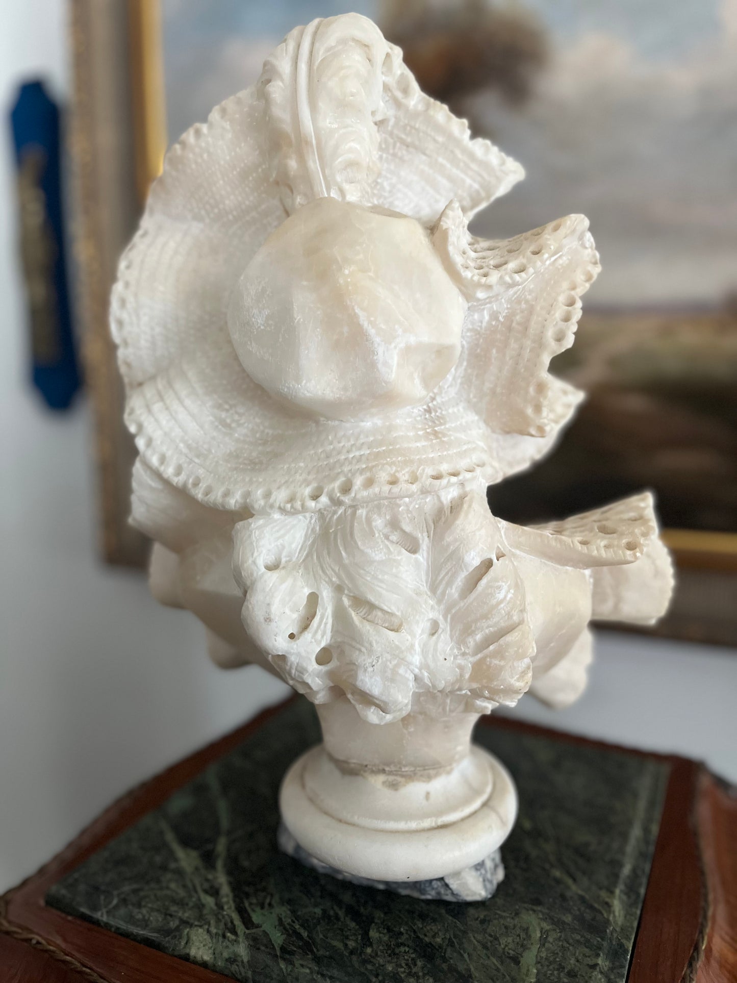 Whisper of Lace — Intricate Detailed Victorian Alabaster Lady Bust on Marble Plinth Circa 1880-1910 - 15”