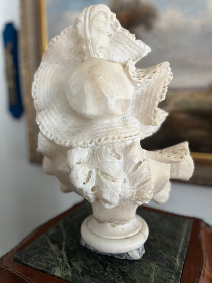Whisper of Lace — Intricate Detailed Victorian Alabaster Lady Bust on Marble Plinth Circa 1880-1910 - 15”