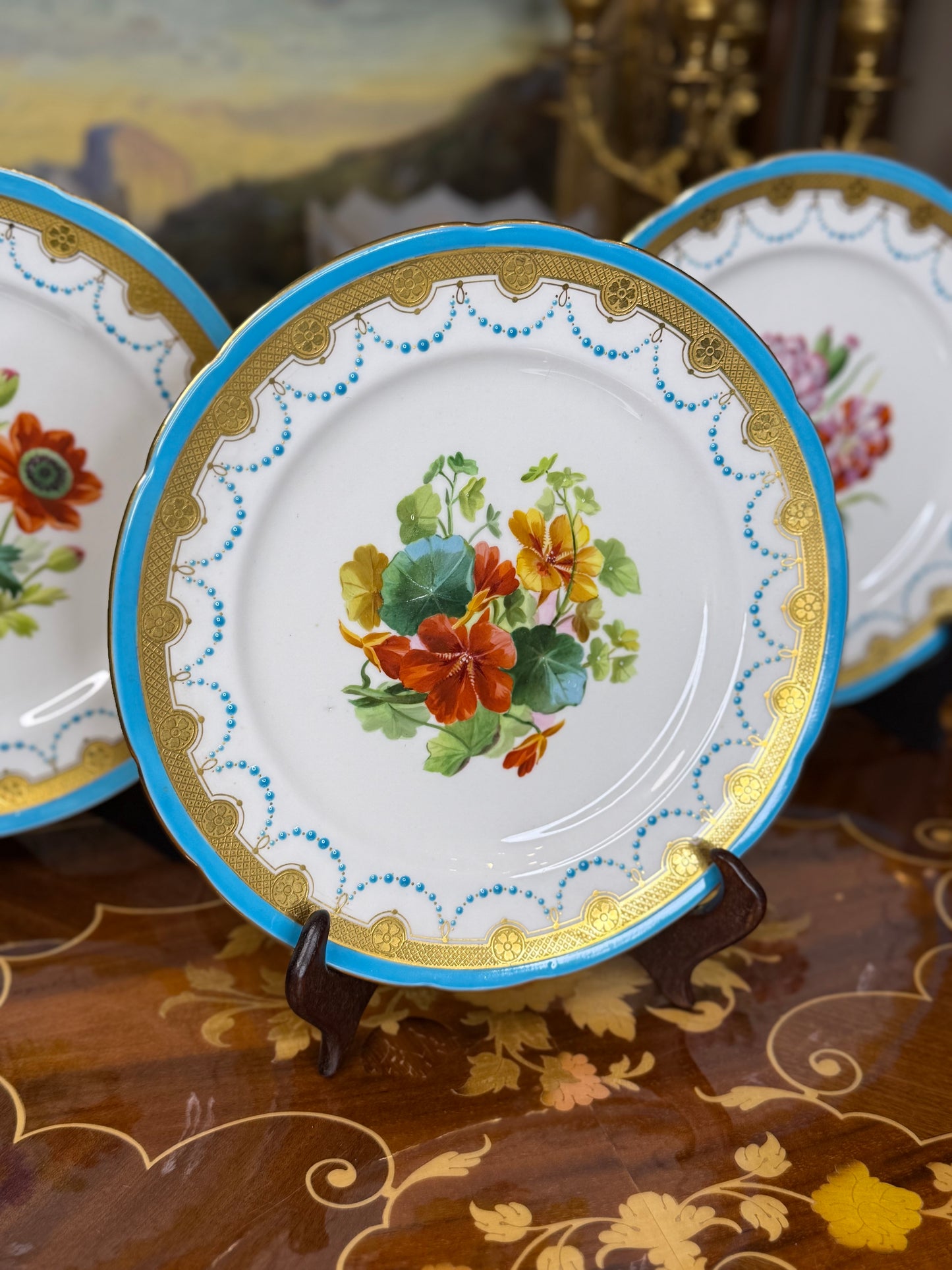 Antique Set of 3 Minton Botanical Hand-Painted Dessert Plates with Raised Jewelling & Acid-Etched Gilding – 9” Dia.