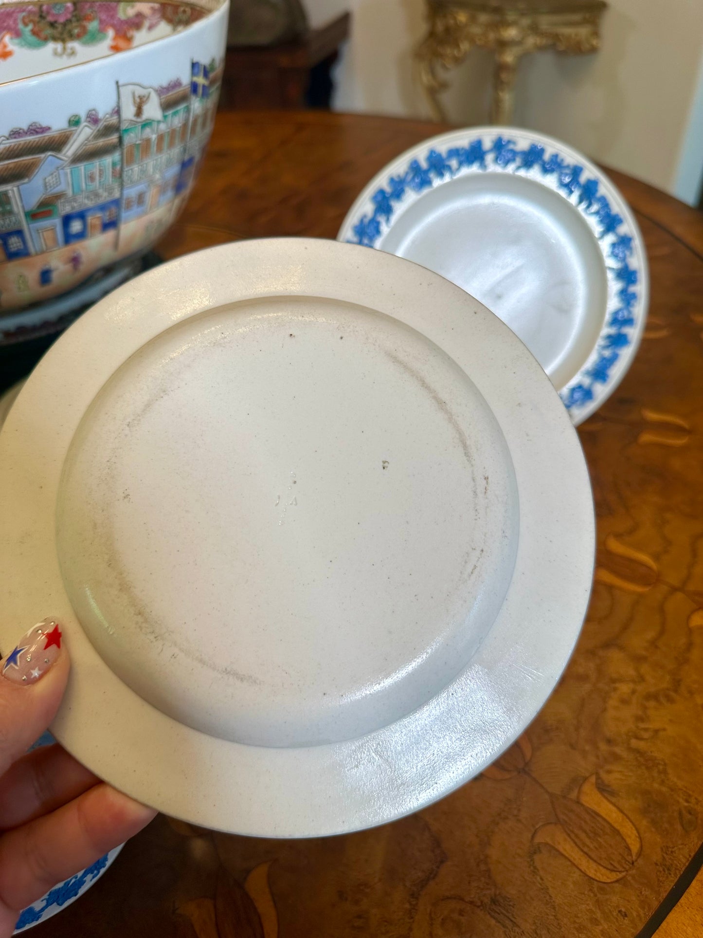 Pair of Antique Wedgwood Smear-Glazed Stoneware Saucers with Lavender Sprigged Grapes