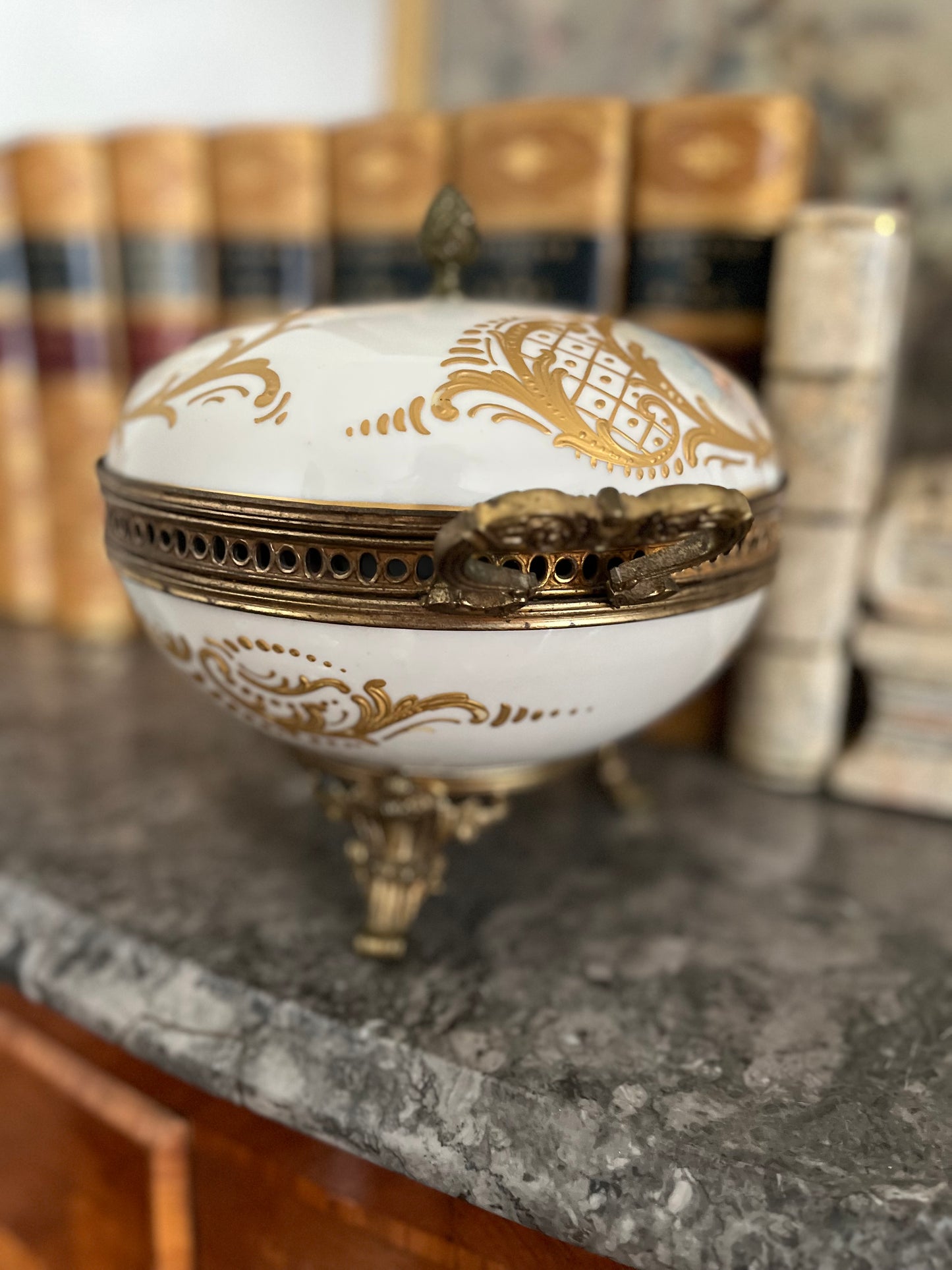 Antique French Porcelain Covered Bonbonnière with Hand-Painted Cherubs & Gilt Mounts - Signed