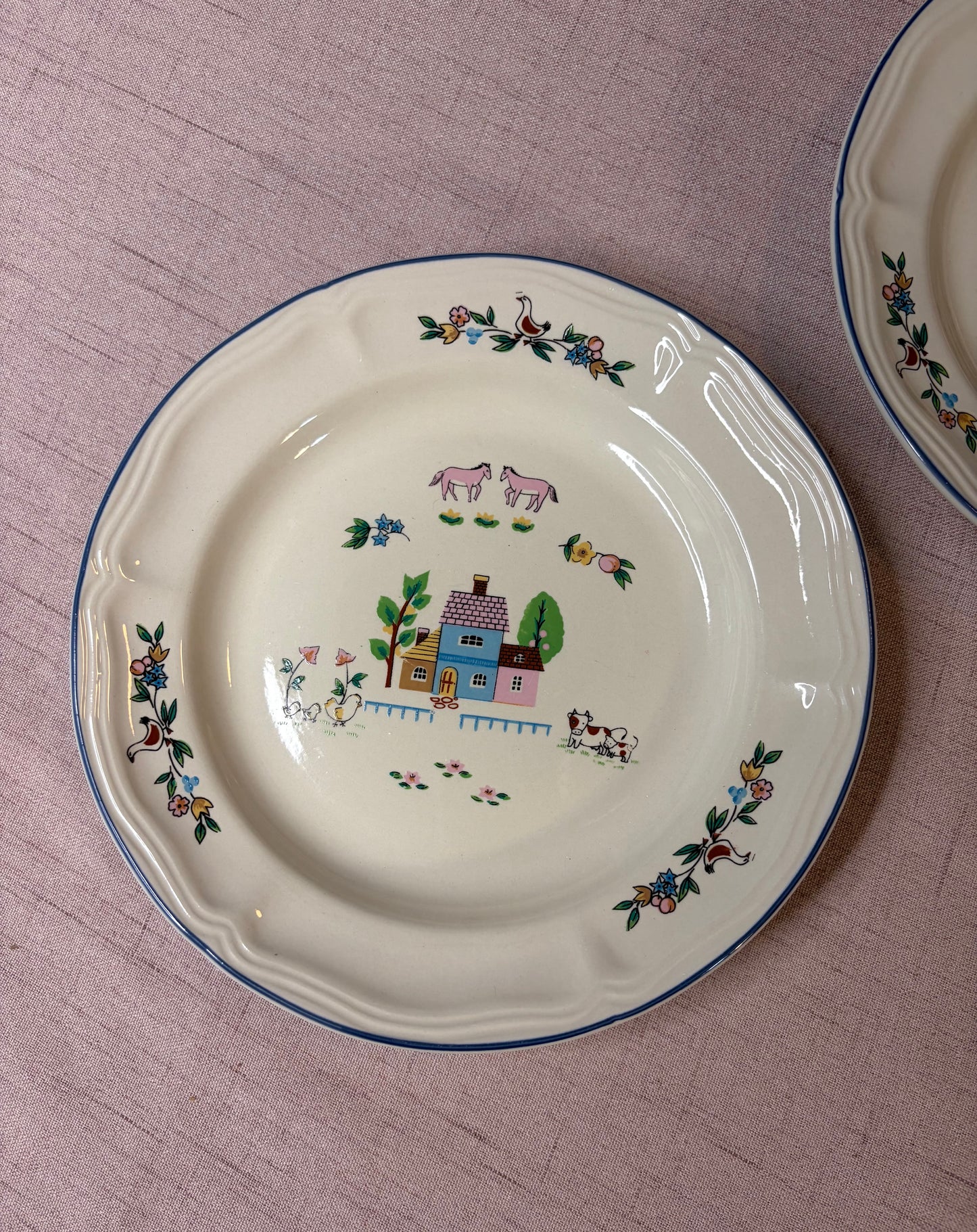 Lovely ironstone plates pair with sweetest scene and pink horses!