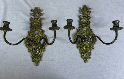 Antique Victorian Figural Brass Wall Sconces with two arms pair!