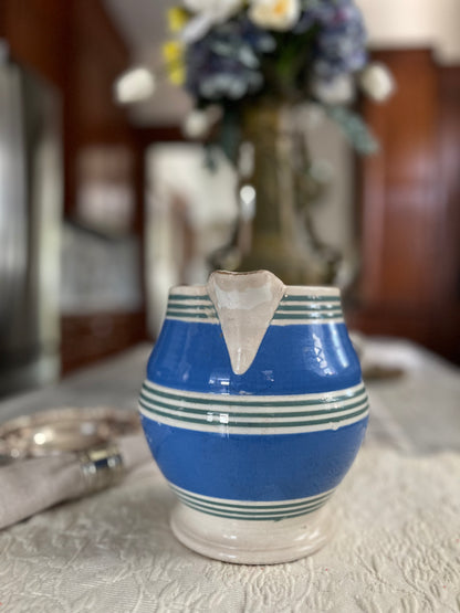 Live 09/15 Antique Tricolor Banded Mochaware Pitcher| 19th c. Blue, Green & Cream Striped Jug