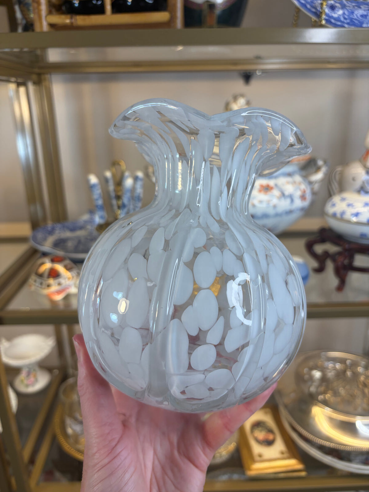 Lovely Ruffled edge white spotted vase!