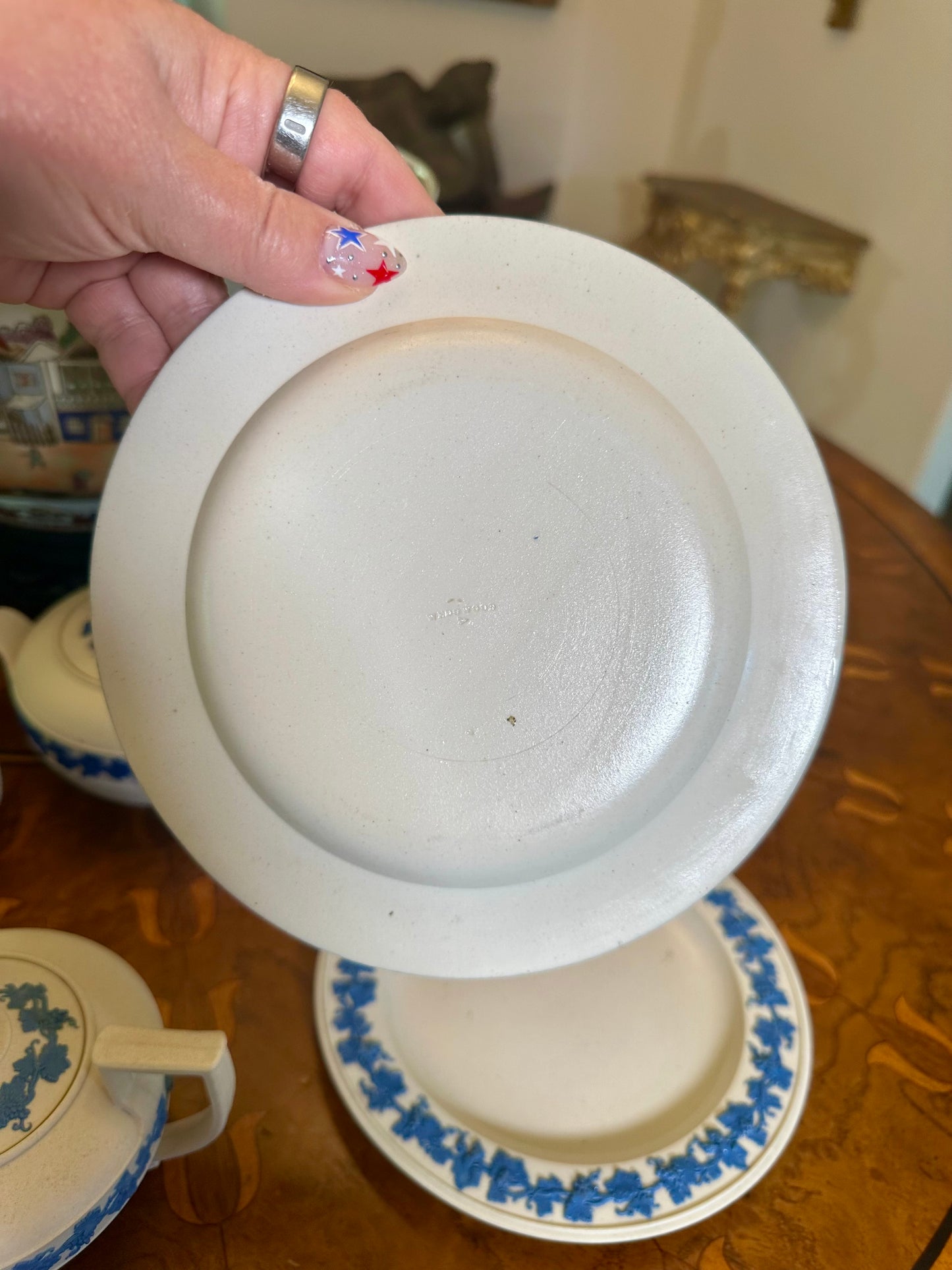 Pair of Antique Wedgwood Smear-Glazed Stoneware Saucers with Lavender Sprigged Grapes