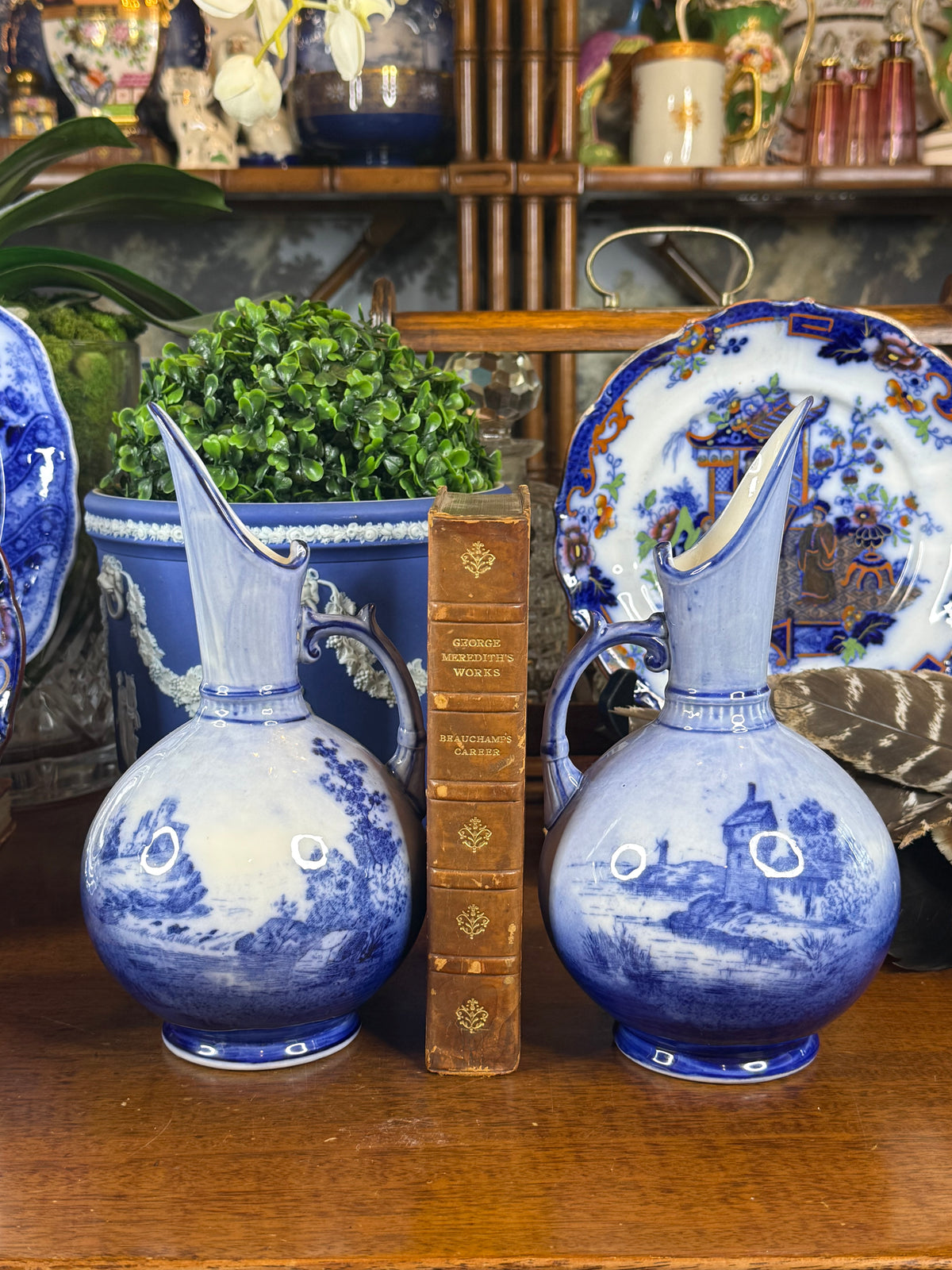 Pair of Keeling & Co. Blue & White Ship Ewers | 1886–1891 | 9"H x 15" Circumference | Style DA4502