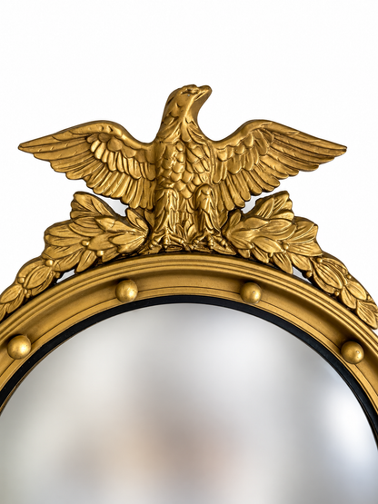 Vintage Federal Style Gilt Wood Convex Eagle Mirror | Gold Bullseye Mirror with Eagle & Laurel Crest | 28.5” H × 21.25” W