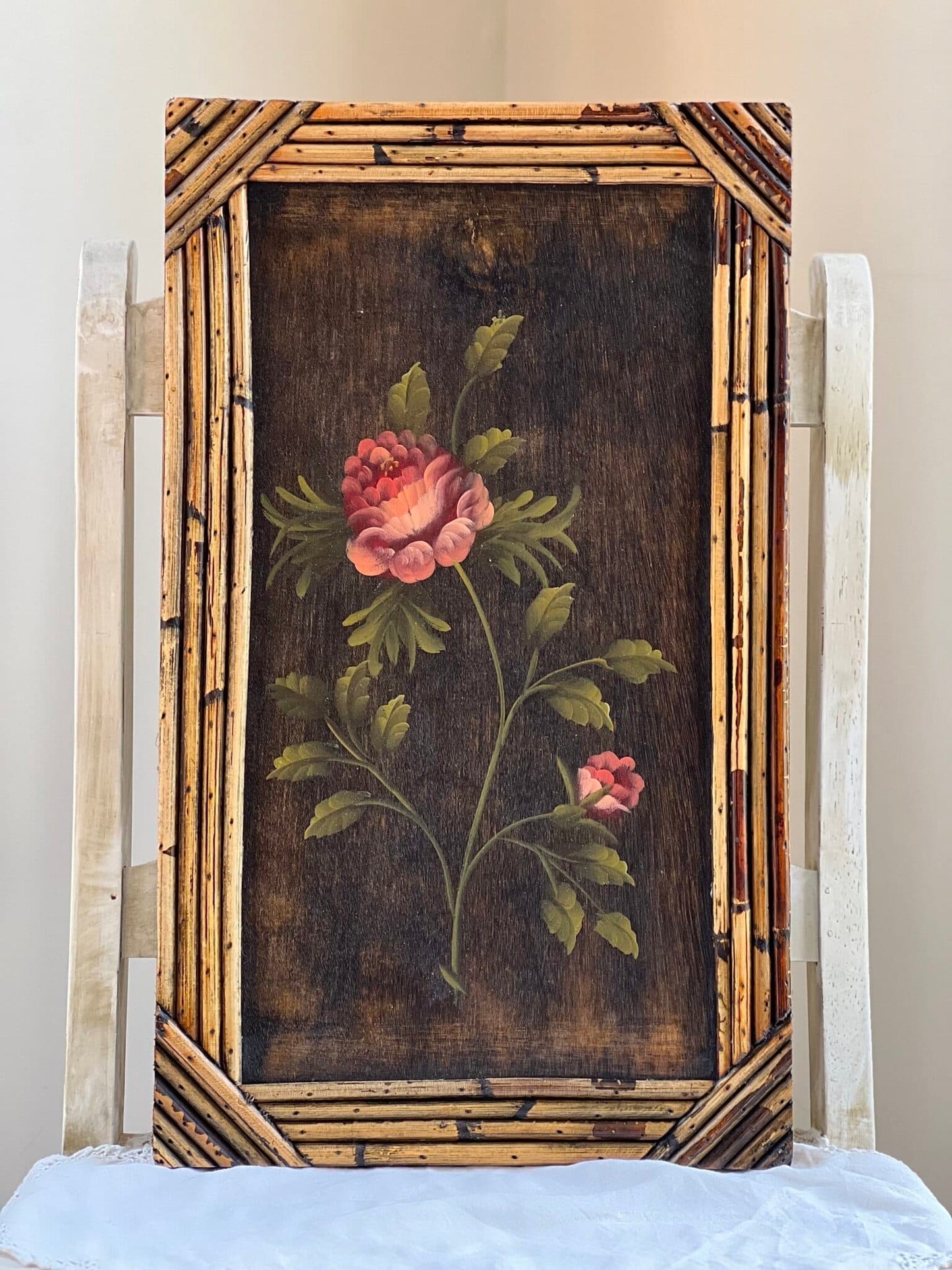 Set Of 3, Vintage Floral Painted Wood Panels With Bamboo Frames - 19.75” x 11.75”
