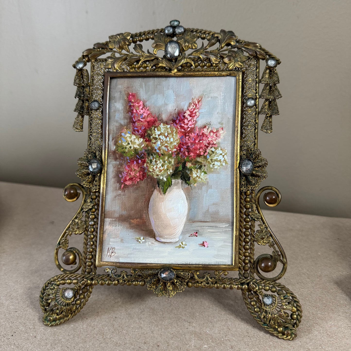 Pink and white hydrangeas original oil painting in antique frame