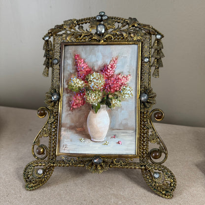 Pink and white hydrangeas original oil painting in antique frame