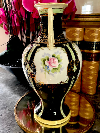 Antique Nippon Moriage Bolster Vase - Rare Black Ground, circa 1891–1921